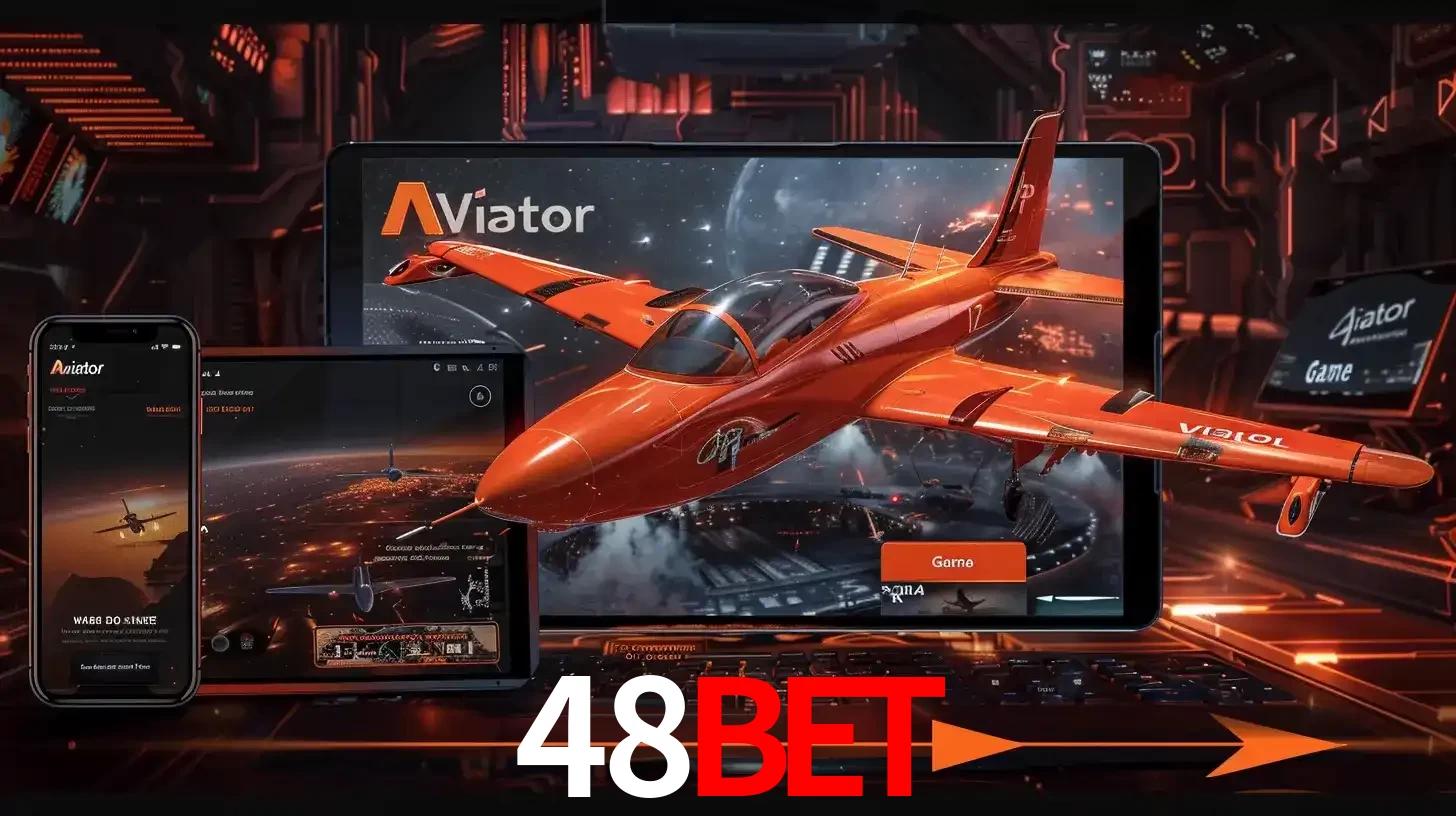 Apresentação tecnológica do jogo Aviator com um avião saindo da tela de um tablet, demonstrando a experiência imersiva em múltiplos dispositivos no 48bet.