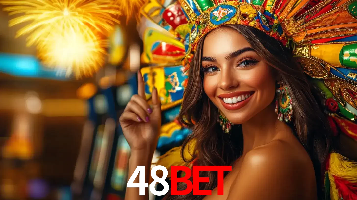 Mulher sorridente com um cocar de carnaval vibrante e colorido, celebrando uma grande vitória nos jogos do cassino 48bet com fogos de artifício ao fundo.