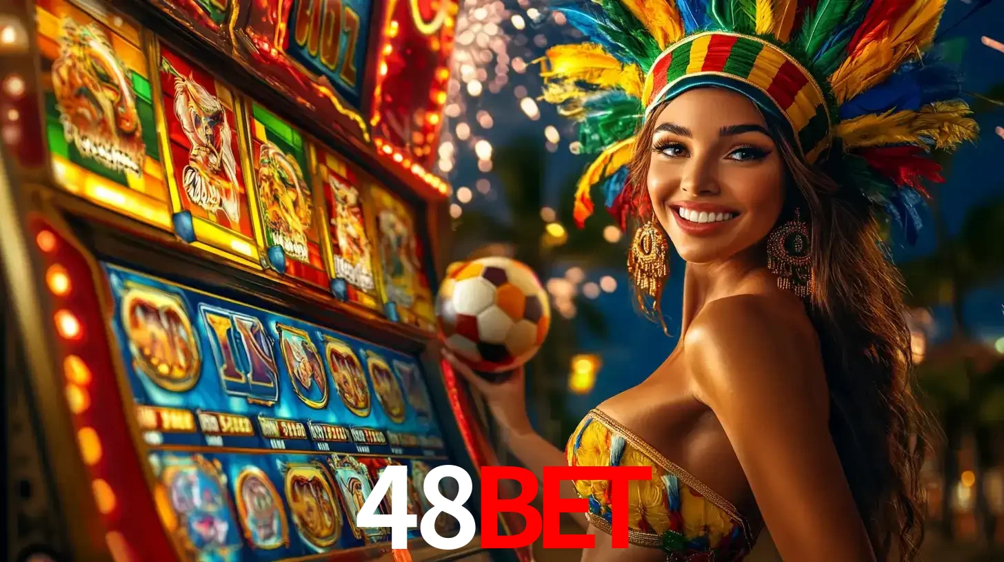 Mulher com um cocar de carnaval ao lado de uma máquina de caça-níqueis enquanto segura uma bola de futebol, mostrando a união da diversão de cassino e esportes no 48bet.