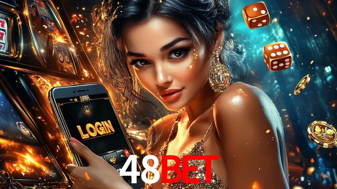 Mulher glamourosa segurando um celular com a tela de login do cassino 48bet, rodeada por dados e moedas douradas, pronta para começar a diversão.