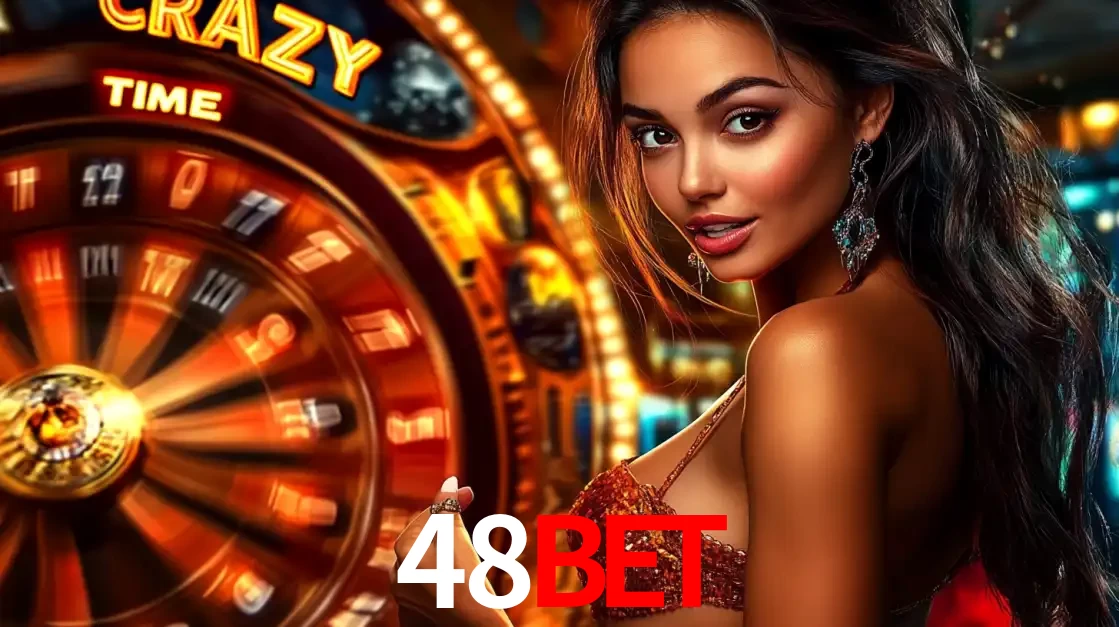 Mulher ao lado da roda de prêmios do jogo de cassino ao vivo Crazy Time, um dos shows de jogos mais emocionantes oferecidos pela plataforma de apostas 48bet.