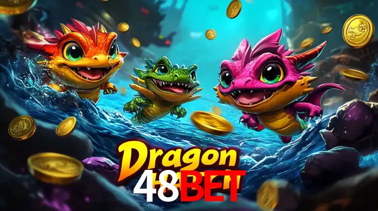 Arte promocional do jogo Dragon Hatch com três adoráveis dragões bebês nadando entre moedas de ouro, um dos slots mais divertidos para jogar no cassino 48bet.