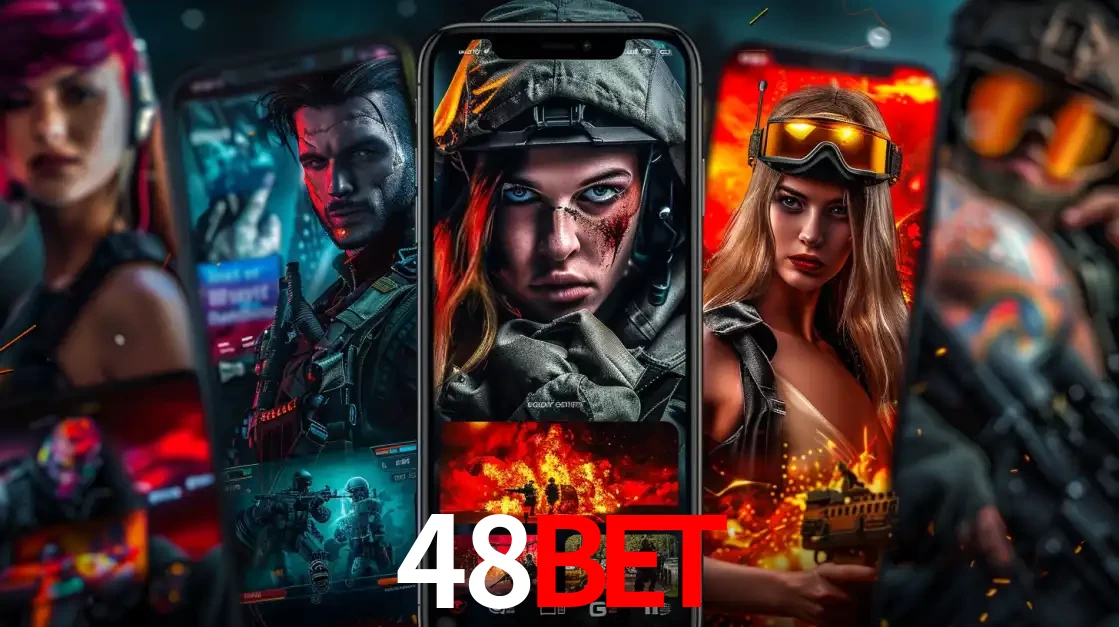 Montagem de telas de celular mostrando diversos personagens, masculinos e femininos, de um jogo de tiro, ilustrando a diversidade de equipes de e-sports para apostar no 48bet.