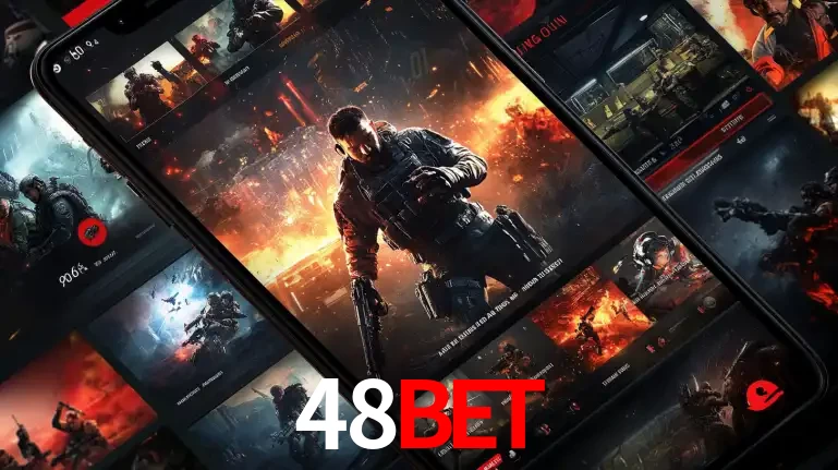 Tela de um celular exibindo uma galeria de jogos de tiro com temática militar, mostrando a variedade de e-sports disponíveis para apostas na plataforma de entretenimento 48bet.