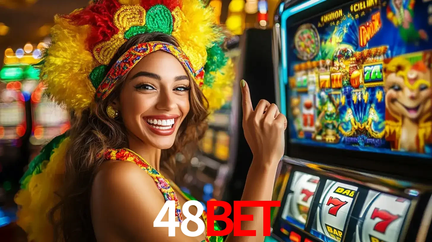 Mulher animada com um cocar de carnaval apontando para uma máquina de caça-níqueis, mostrando a emoção de ganhar um grande prêmio nos jogos do 48bet.