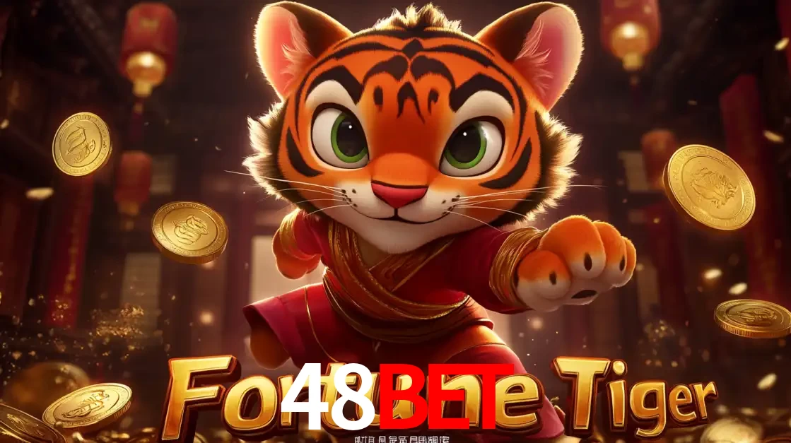 O carismático mascote do jogo de slot Fortune Tiger, um tigre fofo em pose de artes marciais, pronto para trazer sorte e multiplicadores de ganhos no cassino online 48bet.