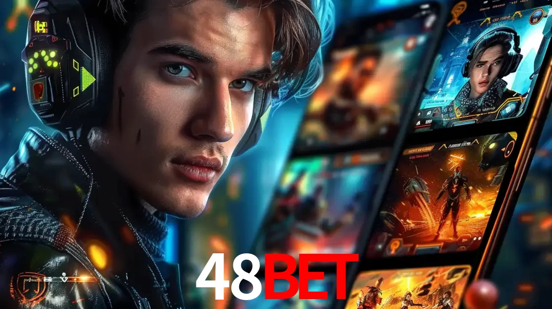 Jovem jogador com fones de ouvido olhando para a câmera, com um aplicativo de jogos e e-sports para celular ao fundo, pronto para a competição e apostas no 48bet.
