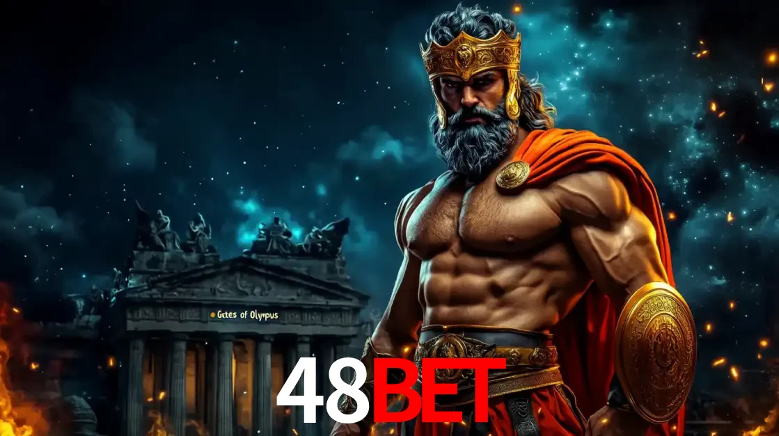O poderoso Zeus do jogo de slot Gates of Olympus em frente ao seu templo, pronto para lançar multiplicadores divinos e prêmios épicos no cassino online 48bet.