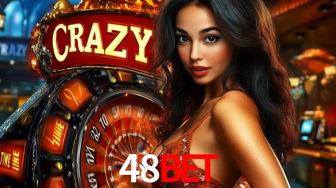 Mulher glamourosa olhando para a câmera com a roda vermelha do Crazy Time ao fundo em um ambiente de cassino, destacando a emoção dos jogos ao vivo no 48bet.