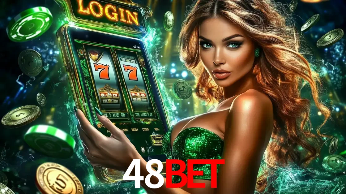 Mulher com tema verde apresentando o aplicativo do cassino 48bet com um jogo de slot de 777, cercada por fichas de cassino e uma aura de sorte.