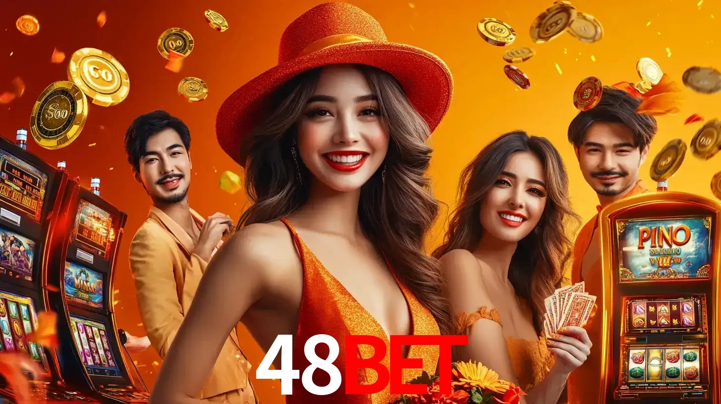 Grupo de amigos asiáticos sorrindo e se divertindo com máquinas de caça-níqueis em um ambiente festivo, celebrando suas vitórias nos jogos de cassino do 48bet.
