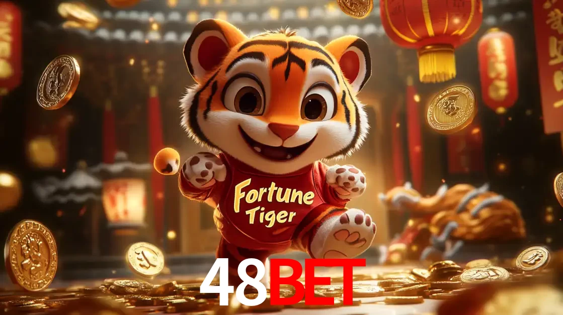 O alegre personagem do Fortune Tiger correndo sobre um caminho de moedas de ouro, simbolizando os grandes prêmios e a diversão do popular jogo de slot do 48bet.