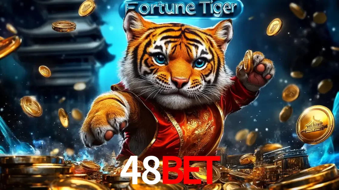 Imagem promocional do jogo de slot Fortune Tiger, com um tigre majestoso em traje tradicional cercado por uma fortuna em moedas de ouro, disponível agora no cassino 48bet.