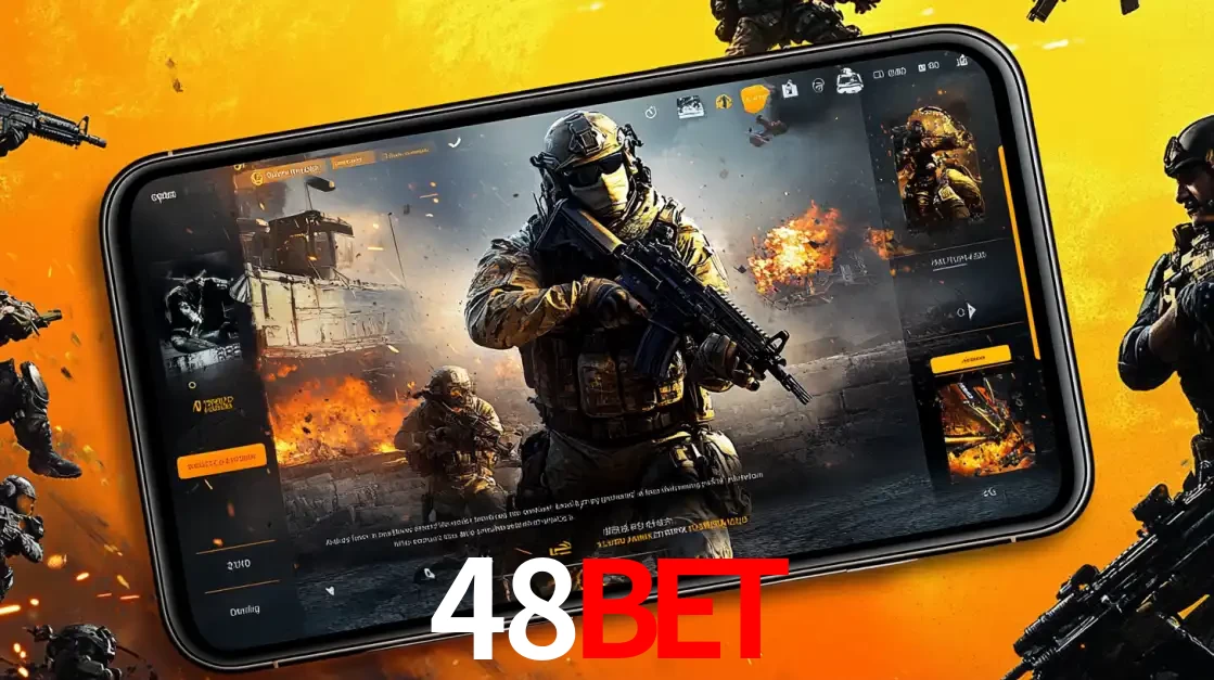Um smartphone exibindo a interface de um jogo de tiro em primeira pessoa, com um soldado em um cenário de batalha, representando a ação dos e-sports para apostar no 48bet.