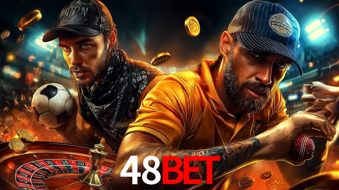 Montagem de apostas esportivas e cassino no 48bet, com um homem segurando uma bola de futebol e outro uma de beisebol sobre uma roleta e moedas voadoras.