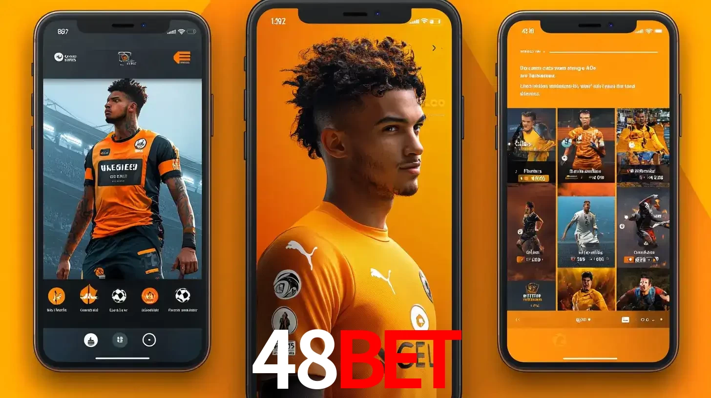 Interface do aplicativo de apostas esportivas 48bet em três telas de celular, mostrando o perfil de um jogador de futebol e a lista de jogos disponíveis para apostar.