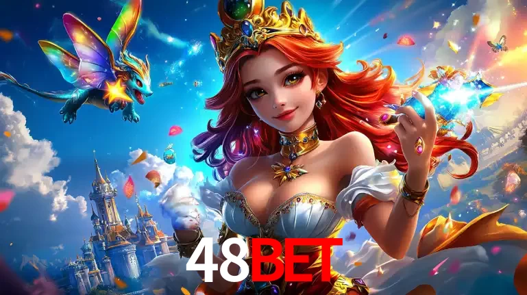 A princesa de um reino de fantasia mágico, com seu pequeno dragão, apresentando um mundo de prêmios encantados nos jogos de caça-níqueis do cassino 48bet.