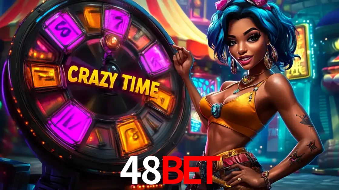 Mulher estilizada com cabelo azul e visual vibrante posando ao lado da roda de prêmios do game show Crazy Time, convidando para a diversão e os bônus do cassino 48bet.