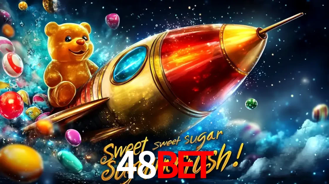 Arte promocional do jogo de slot Sugar Rush, com um urso de pelúcia em um foguete viajando pelo espaço de doces, um dos jogos divertidos disponíveis no cassino 48bet.