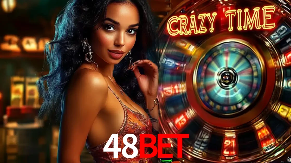 Mulher elegante ao lado da vibrante roda da fortuna do jogo de cassino ao vivo Crazy Time, um dos game shows mais populares e cheios de prêmios do 48bet.