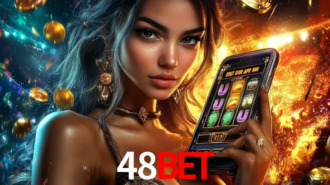 Mulher elegante mostrando um jogo de caça-níqueis em seu smartphone, destacando a experiência de cassino móvel oferecida pelo aplicativo 48bet.