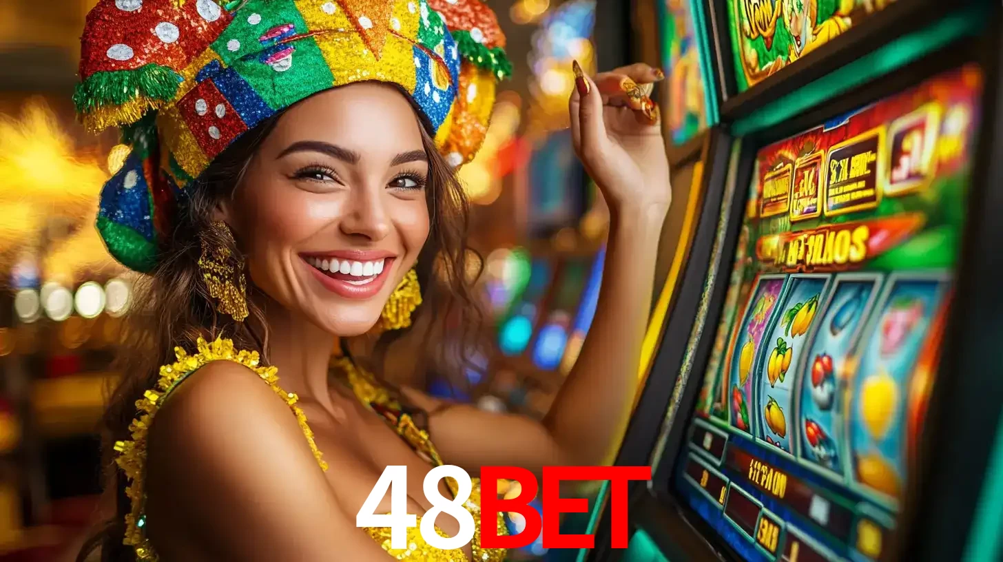 Mulher feliz com traje de carnaval amarelo e colorido ao lado de uma máquina de caça-níqueis, aproveitando a diversão e os jogos temáticos do cassino 48bet.