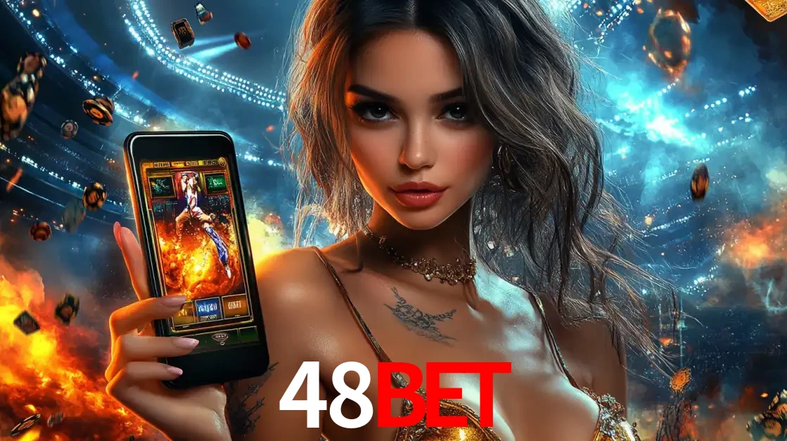 Mulher segurando um celular com um jogo de slot em destaque, tendo como fundo um estádio vibrante, simbolizando a emoção de jogar no cassino móvel 48bet.