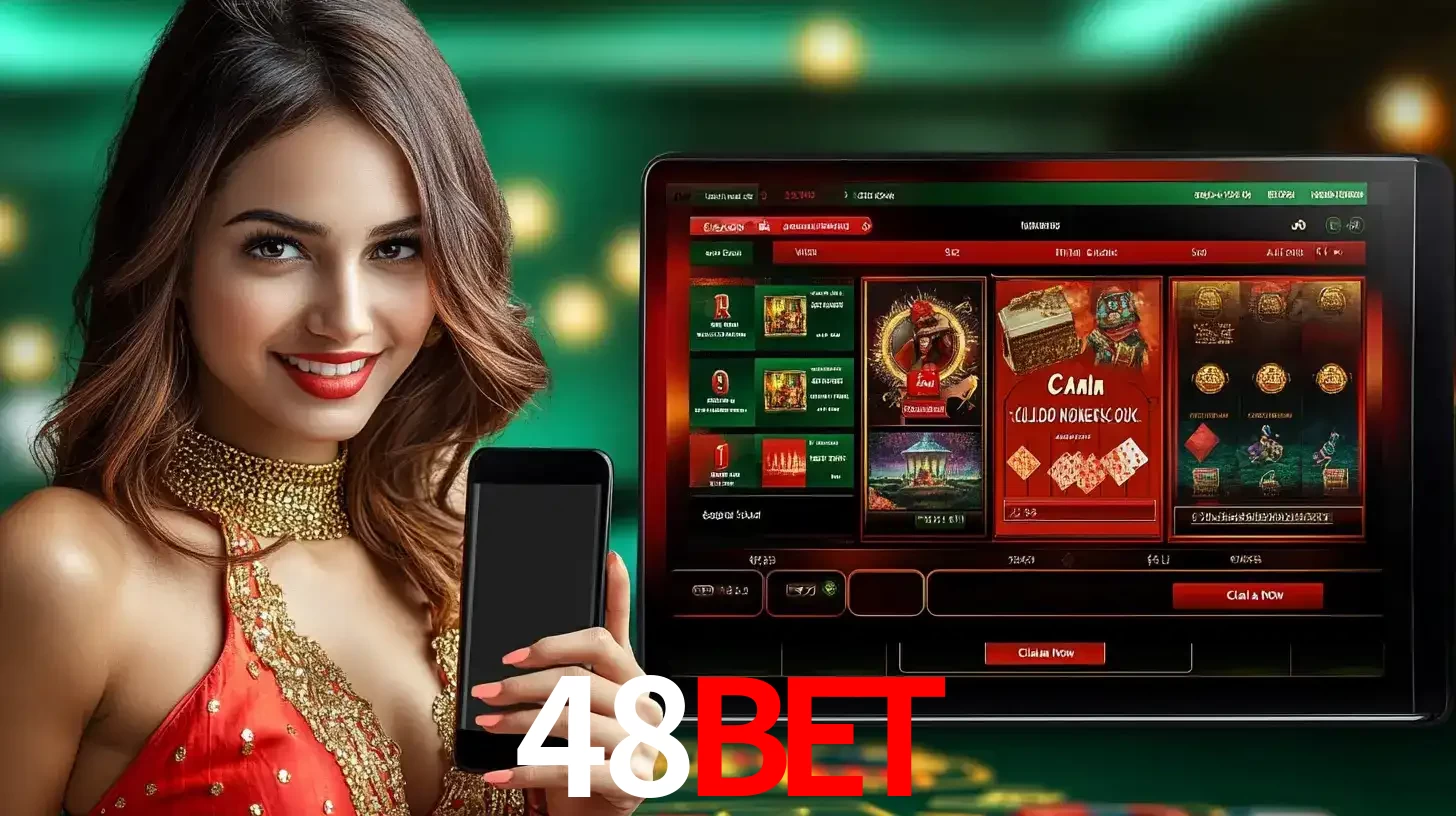 Mulher sorridente segurando um smartphone, ao lado de uma tela exibindo o lobby de jogos do cassino online 48bet, com várias opções de jogos de cartas e slots.